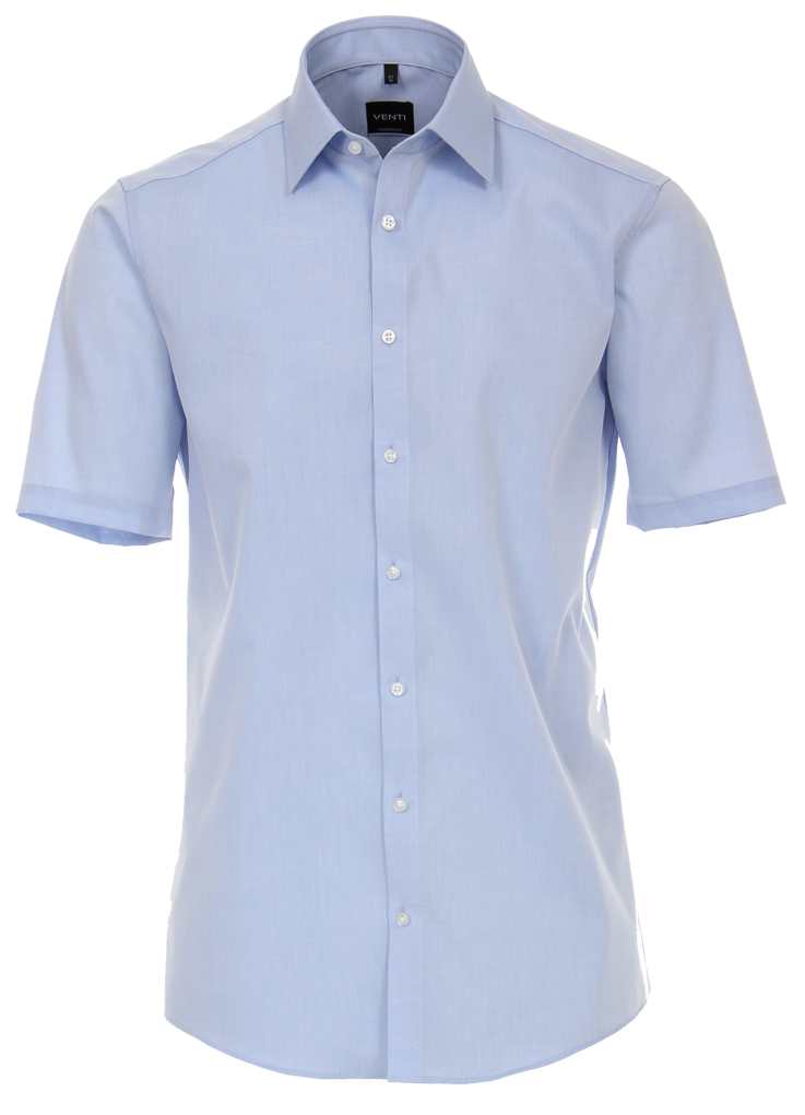 Ein hellblaues Herrenhemd mit kurzen Ärmeln, präsentiert in Slim Fit. Das Hemd verfügt über einen klassischen Kent-Kragen und eine durchgehende Knopfleiste mit kleinen weißen Knöpfen. Es ist bügelfrei und hat keine Brusttasche.